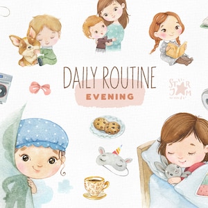 Daily Routine. Evening. Watercolor hand-painted clipart, reading, sleeping, preschool png, kids evening activities, education printable image 1