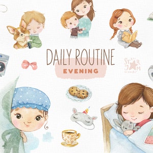 Alltag. Abend. Aquarell handgemalte Clipart, lesen, schlafen, Vorschule png, Kinder Abendaktivitäten, Bildung druckbar