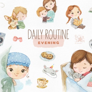 Daily Routine. Evening. Watercolor hand-painted clipart, reading, sleeping, preschool png, kids evening activities, education printable image 1