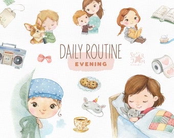 Daily Routine. Evening. Watercolor hand-painted clipart, reading, sleeping, preschool png, kids evening activities, education printable