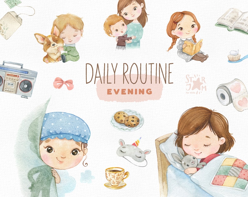 Daily Routine. Evening. Watercolor hand-painted clipart, reading, sleeping, preschool png, kids evening activities, education printable image 1