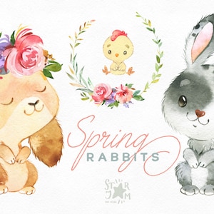 Spring Rabbits. Watercolor clipart, bunny, child, girl, boy, Easter, floral, tulips, nice, flowers, kids, baby, baby-shower, wreath, eggs image 1