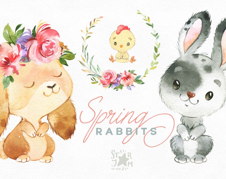 Spring Rabbits. Watercolor clipart, bunny, child, girl, boy, Easter, floral, tulips, nice, flowers, kids, baby, baby-shower, wreath, eggs image 1