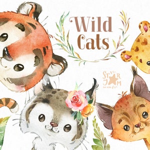 Wild Cats. Watercolor little animal clipart, Tiger, Lynx, Caracal, Jaguar, cub, baby, flowers, wreath, birthday, baby-born, baby-shower image 1