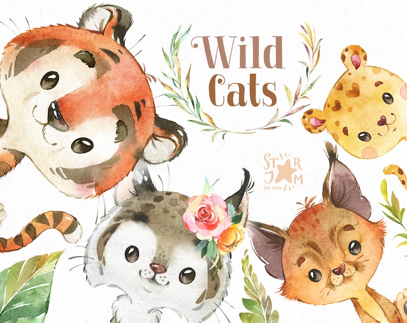 Wild Cats. Watercolor little animal clipart, Tiger, Lynx, Caracal, Jaguar, cub, baby, flowers, wreath, birthday, baby-born, baby-shower image 1