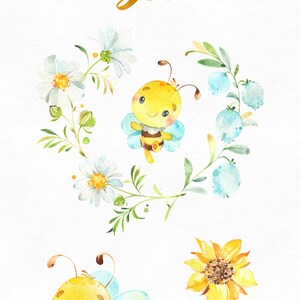 Bees. Little animals watercolor, wreath, flowers, sunflower, chamomile, nursery, baby-shower, bumble bee, florals, daisy, starjamforkids image 2