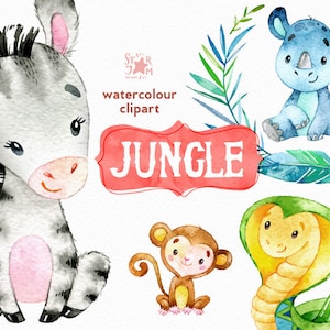 Giungla. Acquerello animali clipart, zebra, rinoceronte, serpente, scimmia, saluto, invitare, fiori, floreale, ghirlanda, foglie di palma, baby shower, bambini