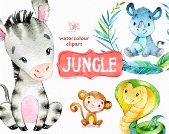 Jungla. Acuarela animales clipart, cebra, rinoceronte, serpiente, mono, saludo, invitar, flores, floral, corona, hojas de palma, baby shower, niños