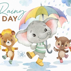 Jour de pluie. Aquarelle bébé animaux clipart, éléphant, ours, hibou, raton laveur, feuilles, nuages, pluie, automne, automne, salutation, safari, parapluie