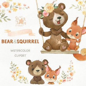 Ours et écureuil. Clipart aquarelle animaux, fleurs, baby shower des bois, animaux à imprimer, premier anniversaire, fête, balançoire png