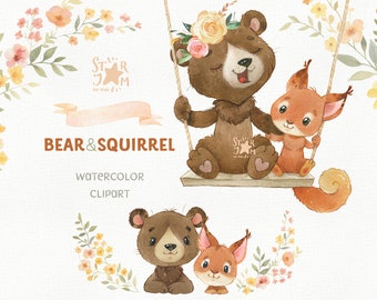 Bear And Squirrel. Animals watercolor clipart, flowers, woodland baby-shower, printable animals, first birthday, party, swing, spring png