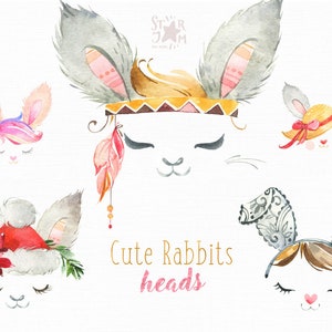 Cute Rabbit Heads. Watercolor clipart, Mask, bunny, child, girl, Christmas, floral crowns, nice, flowers, kids, baby, boho, baby-shower