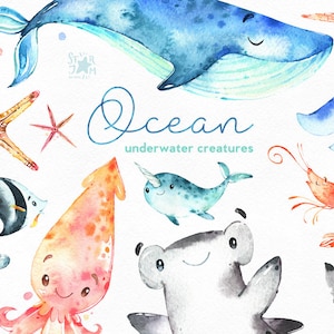 Océan. Créatures sous-marines. Aquarelle clipart, requins, baleine, raie, narval, étoile de mer, nautique, sous-marin, marin, babyshower