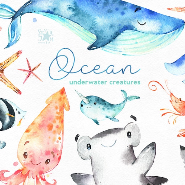 Ocean. Underwater creatures. Watercolor clip art, sharks, whale, stingray, narwhal, starfish, sea, nautical, undersea, marine, babyshower