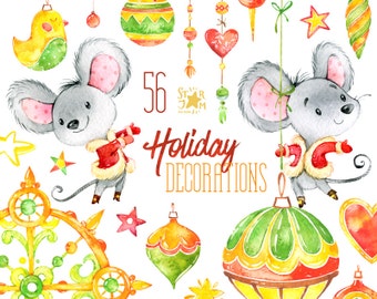 Holiday Decorations. Christmas Watercolor clipart, mouses, baubles, holly, winter, gift, diy, new year, merry, season, cute, kids, xmas