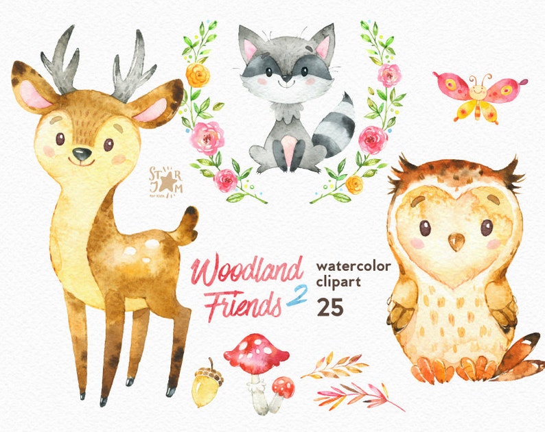 Woodland Friends 2. Watercolor animals clipart, forest, deer, raccoon, owl, greeting, invite, kids, flowers, floral, wreath, diy, shower image 1