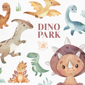 ディノパーク。水彩画のクリップアート、かわいい恐竜、ジュラ紀の生き物、保育園のギャラリー、ベビーシャワー、誕生日パーティー、昇華 png