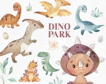 Dino Park. Watercolor clip art, cute Dinosaurs, jurassic creatures, nursery gallery, baby shower, birthday party, sublimation png