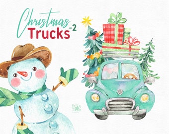 Christmas Truck 2. Watercolor holiday clipart, snowman, winter, car, vintage, gift, diy, tree, decorations, new year, merry, cute, red