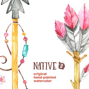 May include: Watercolor illustration of two arrows. One arrow has a gray arrowhead, a yellow shaft, and a beaded strand. The other arrow has pink and white feathers. The word "NATIVE" is printed in brown with the text "original hand painted watercolor".