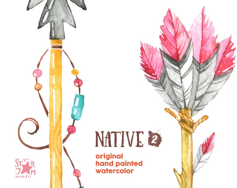 May include: Watercolor illustration of two arrows. One arrow has a gray arrowhead, a yellow shaft, and a beaded strand. The other arrow has pink and white feathers. The word "NATIVE" is printed in brown with the text "original hand painted watercolor".