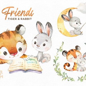 Freunde. Tiger & Hase. Aquarell Tier Clipart, Jungtier, Critter, Baby, Blumen, Kranz, Geburtstag, wild, Baby geboren, Baby-Shower, Mond