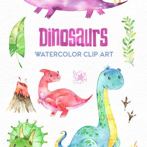 Dinosaurs. Watercolor clip art, characters, cute dino's, floral, creatures, planners, tRex, multicolor, baby shower, stickers, kids, raptor image 2