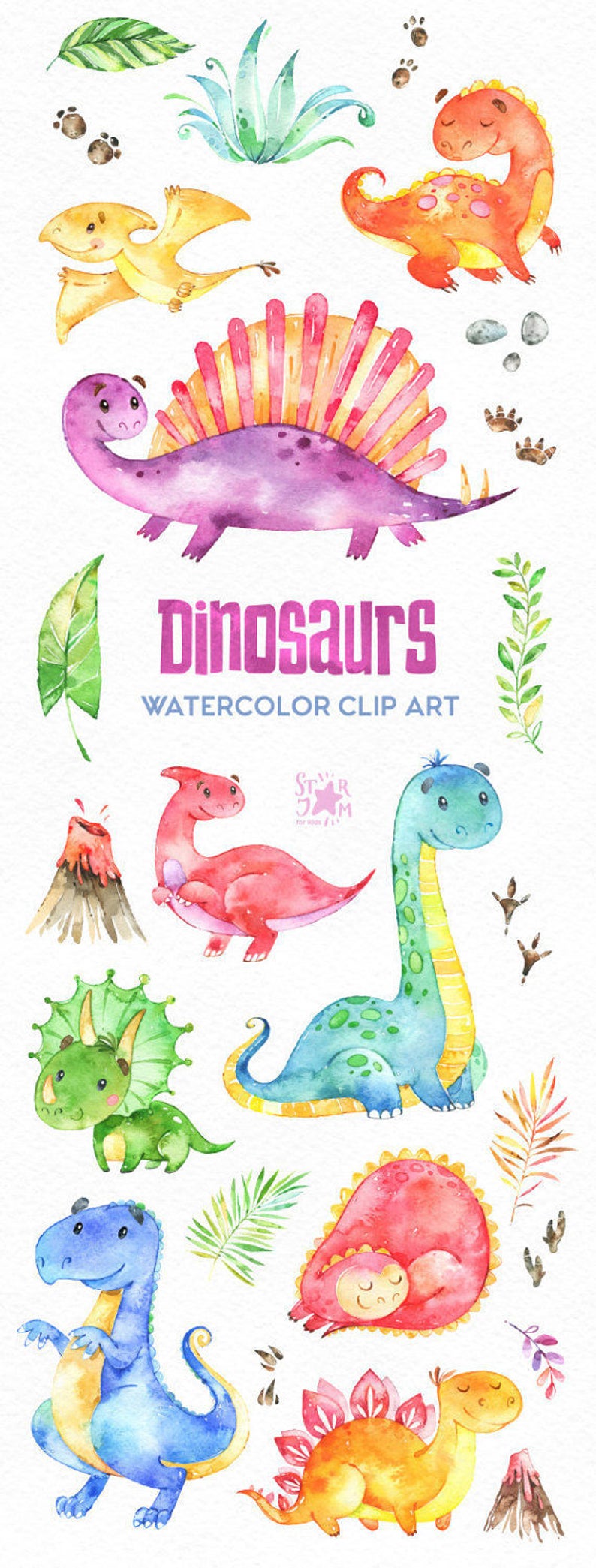 Dinosaurs. Watercolor clip art, characters, cute dino's, floral, creatures, planners, tRex, multicolor, baby shower, stickers, kids, raptor image 2