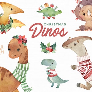 Dinos Noël. Petits animaux aquarelle clip art, nouvel an, dinosaures, vacances, amusement, foulard, hiver, cadeau, baby-shower, Père Noël, bébé