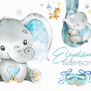 Elefante. Bebé. Acuarela pequeño animal clipart, áfrica, niño, azul, botines, babero, familia, dormir, saludo, niño, nacido, babyshower