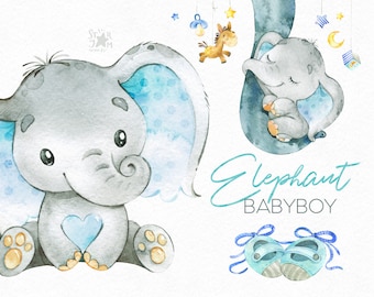 Elephant. Babyboy. Watercolor little animal clipart, africa, child, blue, booties, bib, family, sleep, greeting, kid, baby-born, babyshower