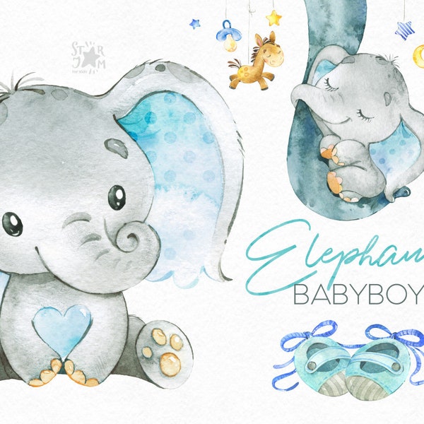 Elephant. Babyboy. Watercolor little animal clipart, africa, child, blue, booties, bib, family, sleep, greeting, kid, baby-born, babyshower
