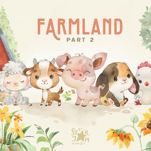 Terreno agricolo 2. Clipart del paese dell'acquerello, maiale, coniglio, pollo, obiettivo, pecora, fiori, piccoli animali, famiglia, baby shower, ringraziamento