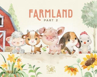 May include: Watercolor illustration featuring a red barn and a collection of adorable farm animals: a sheep, goat, pig, bunny, and chicken. The text "FARMLAND PART 2" is displayed above the animals, with yellow flowers in the foreground.
