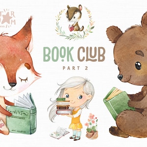 読書クラブ 2。水彩動物のクリップアート、森、クマ、キツネ、女の子、ウサギ、シマリス、読書、学校、招待、赤ちゃん、学習、レッスン