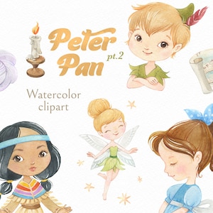 Peter Pan parte 2. Clipart dipinte a mano ad acquerello, Neverland, festa, compleanno, galleria, stampabile, asilo nido, Wendy, bambino, pirata, invito