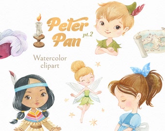 Peter Pan pt.2. Watercolor hand-painted clipart, Neverland, party, birthday, gallery, printable, nursery, Wendy, child, pirate, invitation
