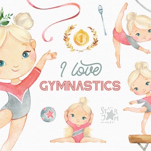 Ich liebe Gymnastik. Aquarell Clipart, blond, Mädchen, rhythmisch, Sport, Akrobatik, künstlerisch, Schule, Medaille, gold, zuerst, Tanz, Karte, Geburtstag
