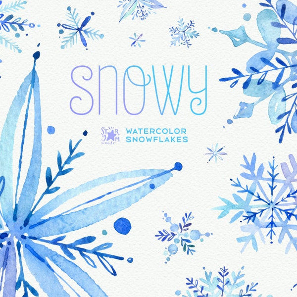 Snowy. Watercolor winter clipart, snowflakes, christmas, holiday, invitations, greetings card, diy, decoration, merry, blue, png