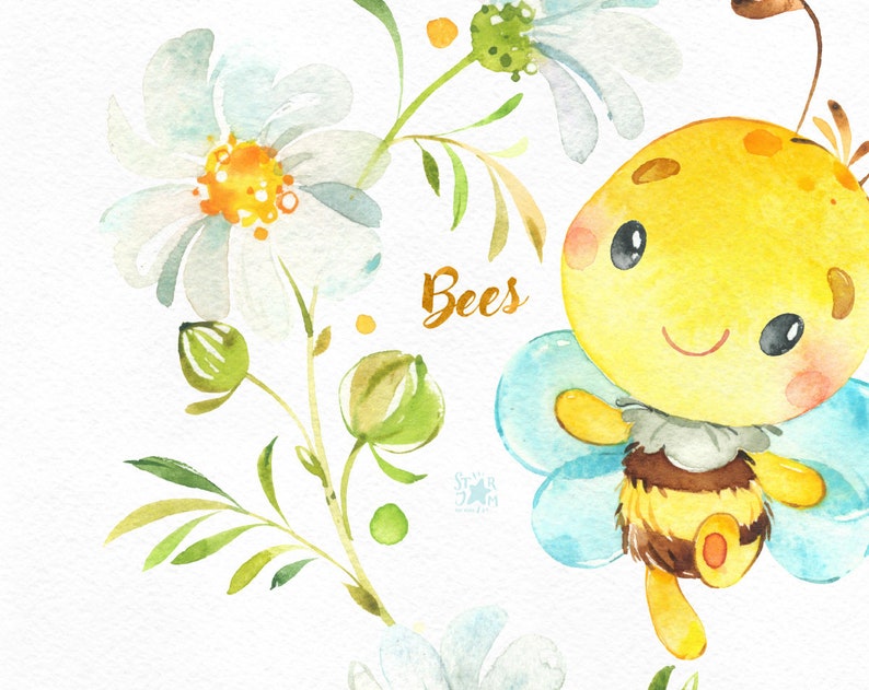 Bees. Little animals watercolor, wreath, flowers, sunflower, chamomile, nursery, baby-shower, bumble bee, florals, daisy, starjamforkids image 3
