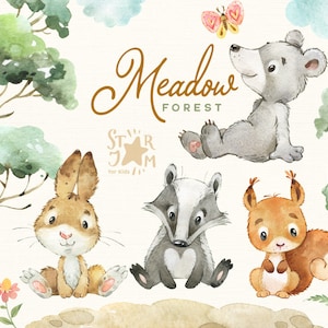Pré forestier. Petits animaux aquarelle clipart, écureuil, lapin, ours, blaireau, bois, fleurs, arbre, baby-shower, bois, sauvage, bébé