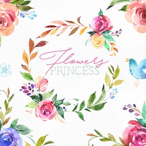 Princess Flowers. Wreaths, Bouquets, Arrangements, Separate Elements. Watercolor floral clipart, royal, leaf, blossom, purple, greeting,