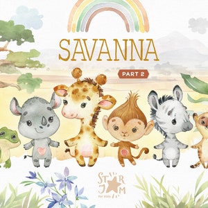 Savanna Pt.2 Süße Tiere. Aquarell Clipart, afrikanisch, Giraffe, Affe, Nashorn, Zebra, Erdmännchen, Blume, Safari, Tierwelt, Bäume, Umwelt