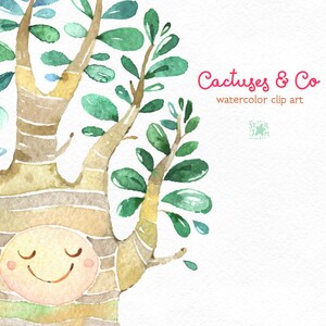 May include: Watercolor illustration of a tree with a smiling face, green leaves, and the text "Cactuses & Co watercolor clip art". The tree trunk is brown with light brown stripes. The leaves are green and blue.