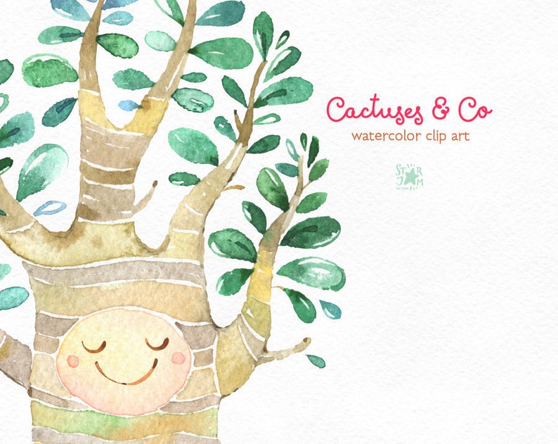May include: Watercolor illustration of a tree with a smiling face, green leaves, and the text "Cactuses & Co watercolor clip art". The tree trunk is brown with light brown stripes. The leaves are green and blue.