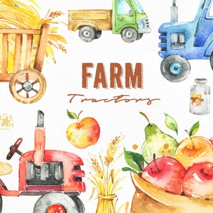 Fazenda. Tratores. Clipart aquarela, frutas, família, colheita, veículo, ação de graças, caminhão, leite, legumes, país, outono, verão, vegano