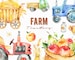 Farm. Tractors. Watercolor clipart, fruits, household, harvest, vehicle, thanksgiving, truck, milk, vegetables, country, fall, summer, vegan
