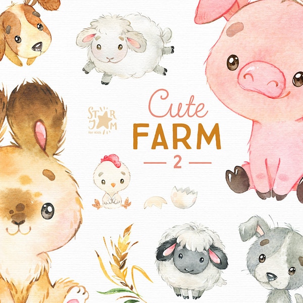 Cute Farm 2. Watercolor country clipart, pig, sheep, chick, dog, puppy, rabbit, fun, little animals, household, bunny, baby shower, lamb