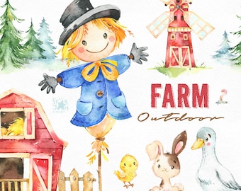 Farm. Outdoor. Watercolor country clipart, scarecrow, bunny, goose, chick, windmill, barn, fence, household, harvest, thanksgiving, corn
