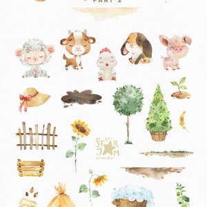 Farmland 2. Watercolor country clipart, pig, rabbit, chicken, goal, sheep, flowers, little animals, household, baby shower, thanksgiving image 2